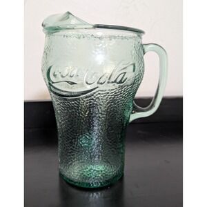 Vintage  1990's Coca-Cola Pebbled Green Glass Pitcher w/Ice Lip 2‎ QT
